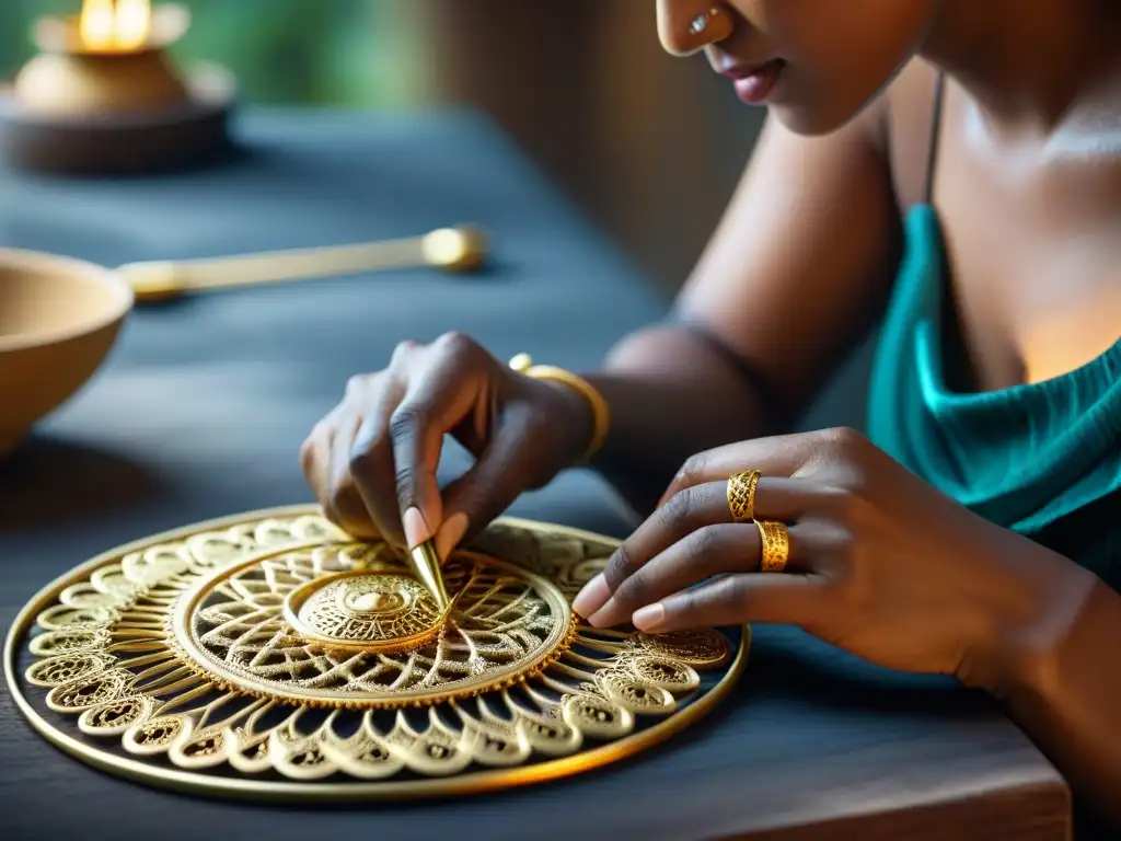 Un artesano experto revive técnicas antiguas en joyería moderna, tejiendo filigrana de oro con precisión en un taller tradicional