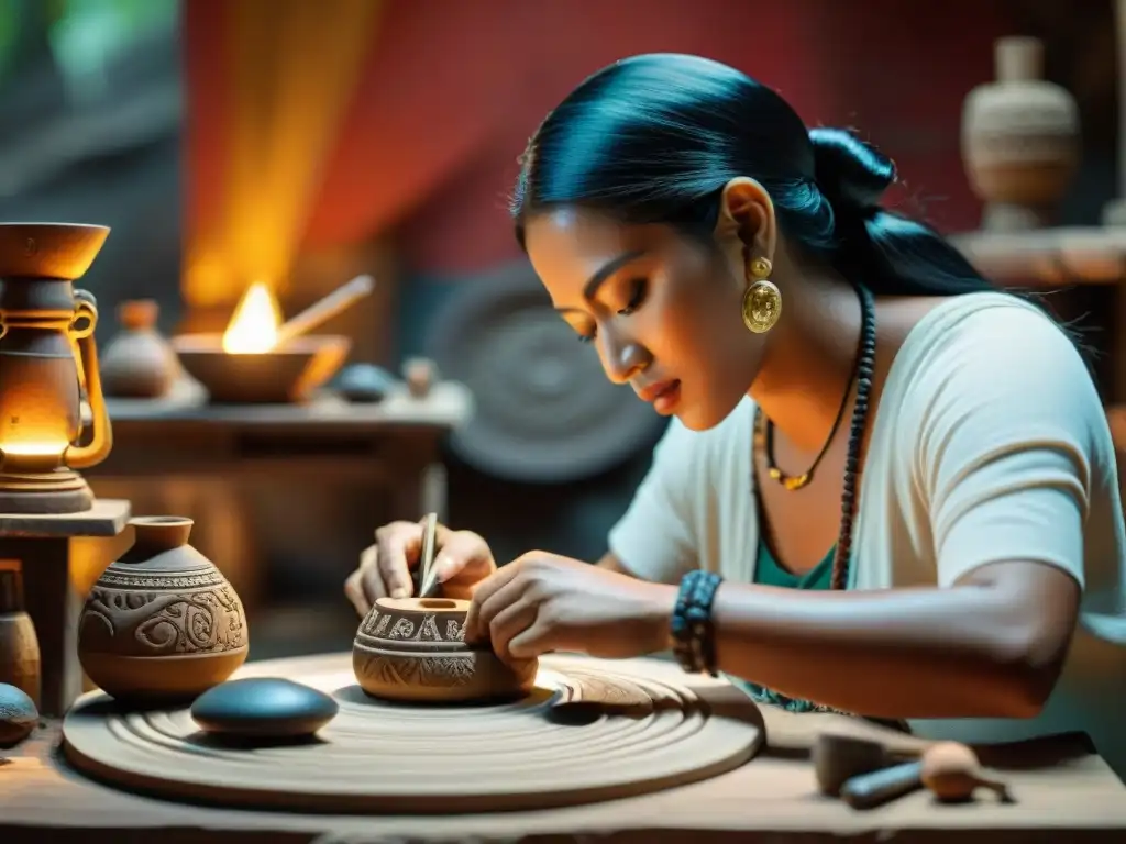 Un artesano habilidoso elabora réplicas mayas en un taller tradicional, destacando la artesanía y la cultura