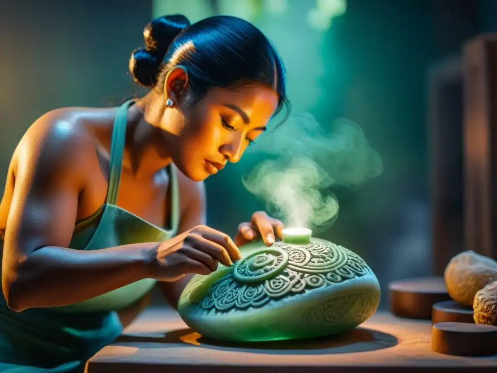 Un artesano habilidoso talla con esmero una réplica de un artefacto maya en jade, en un taller lleno de historia y herramientas tradicionales