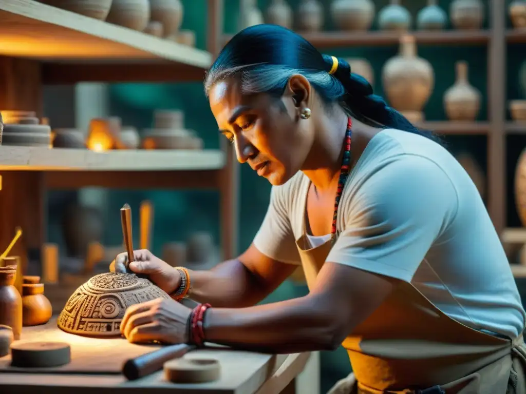 Artesano preservando herencia cultural: réplica maya detallada en taller iluminado