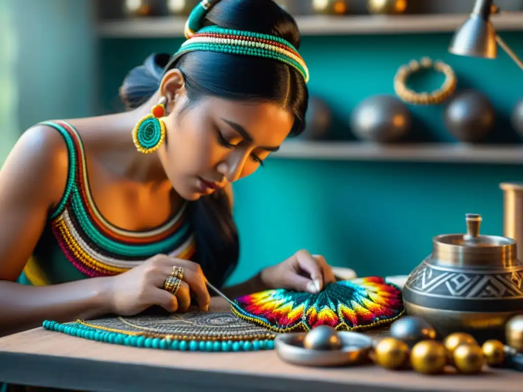 Un artesano hábil crea joyas inspiradas en cultura maya con meticulosidad y pasión, rodeado de símbolos y herramientas mayas