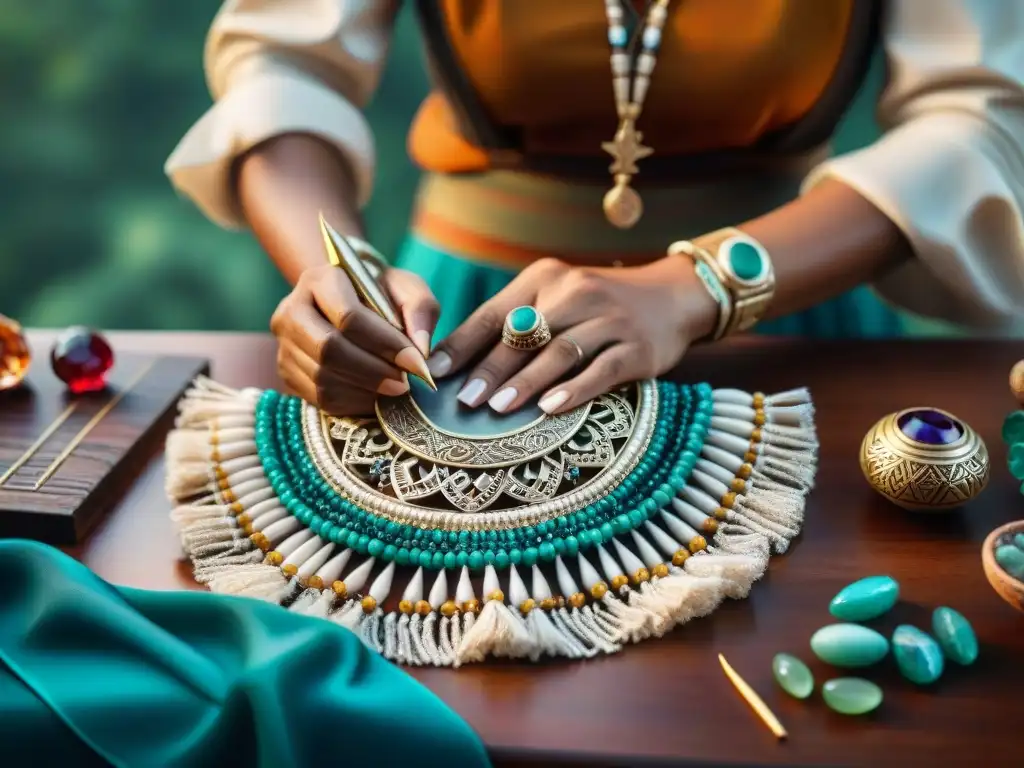 Un artesano crea joyas mayas diseño contemporáneo con precisión y creatividad entre gemas vibrantes y herramientas intrincadas