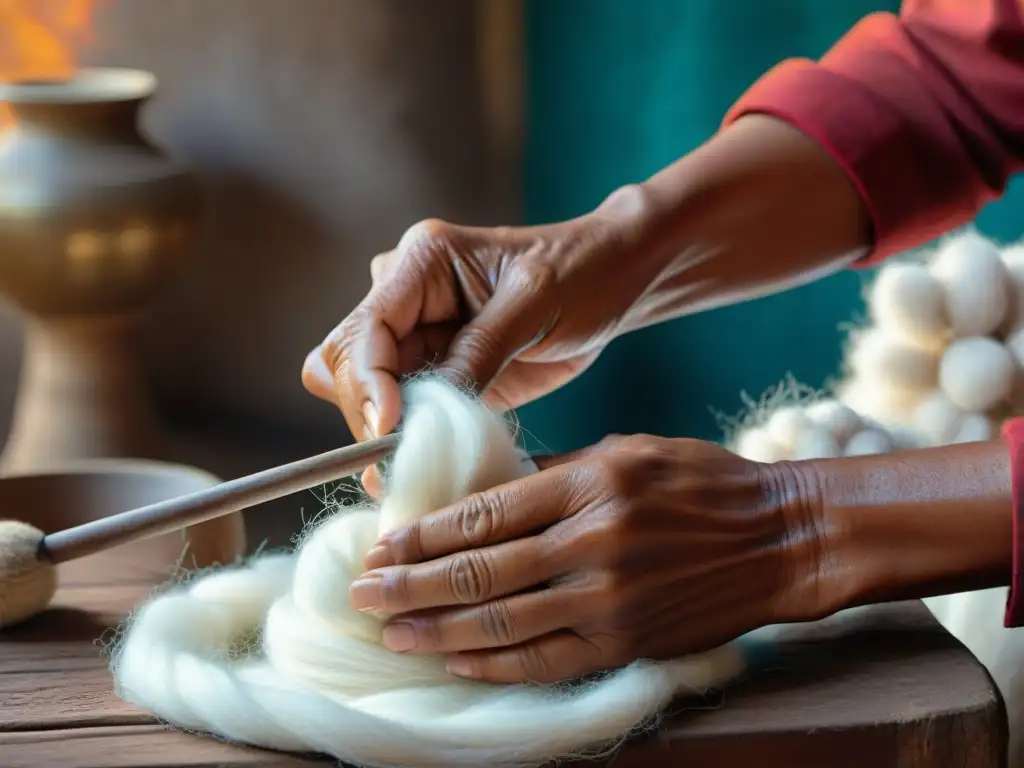 Un artesano maya hábil hila algodón crudo con herramientas tradicionales, destacando la producción de algodón en sociedad maya