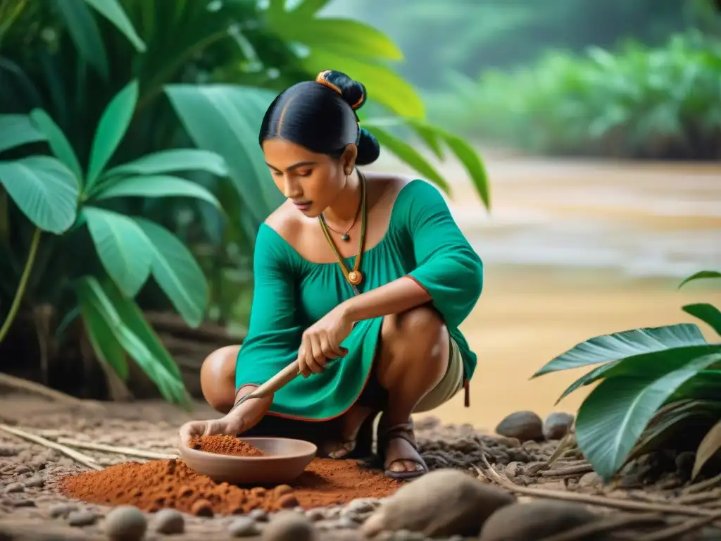 Un artesano maya recolecta arcilla en un río rodeado de exuberante vegetación tropical