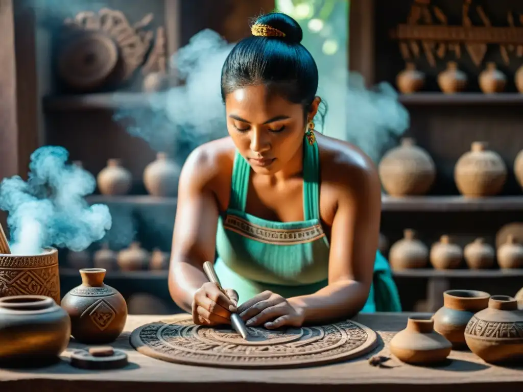 Artesano maya elabora artefacto bélico con herramientas tradicionales en taller vibrante