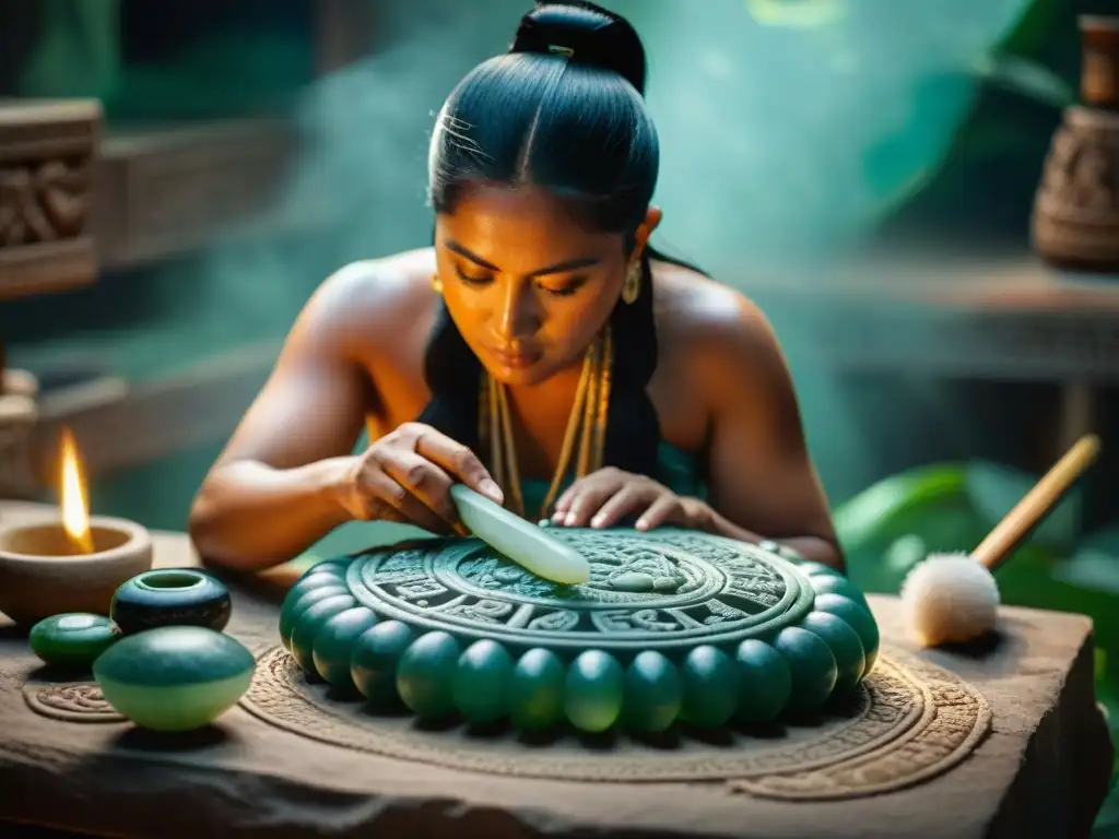 Un artesano maya tallando jade, muestra la artesanía ancestral de la civilización maya