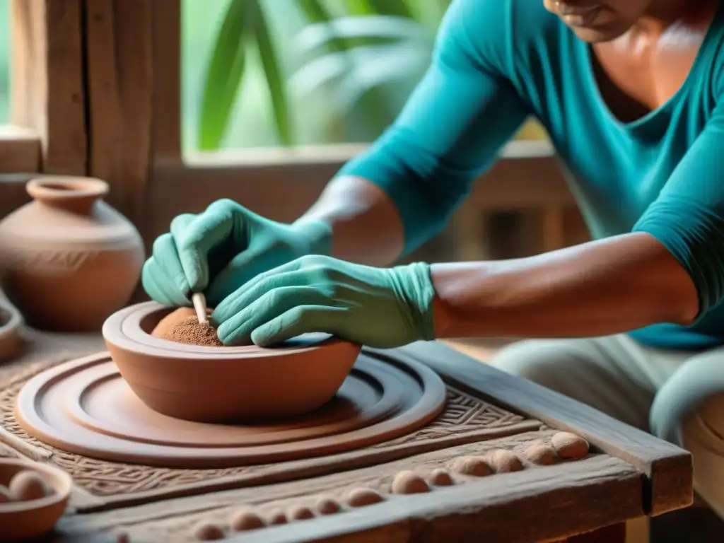 Artesano maya moldeando cerámica con destreza en mesa rústica, resaltando tradición y arte en rituales