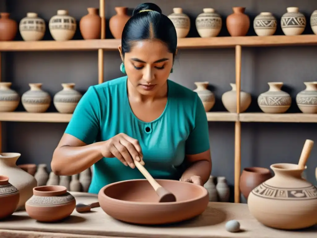 Un artesano maya moldeando cerámica rodeado de herramientas tradicionales, reflejando la importancia cultural en rituales y vida diaria