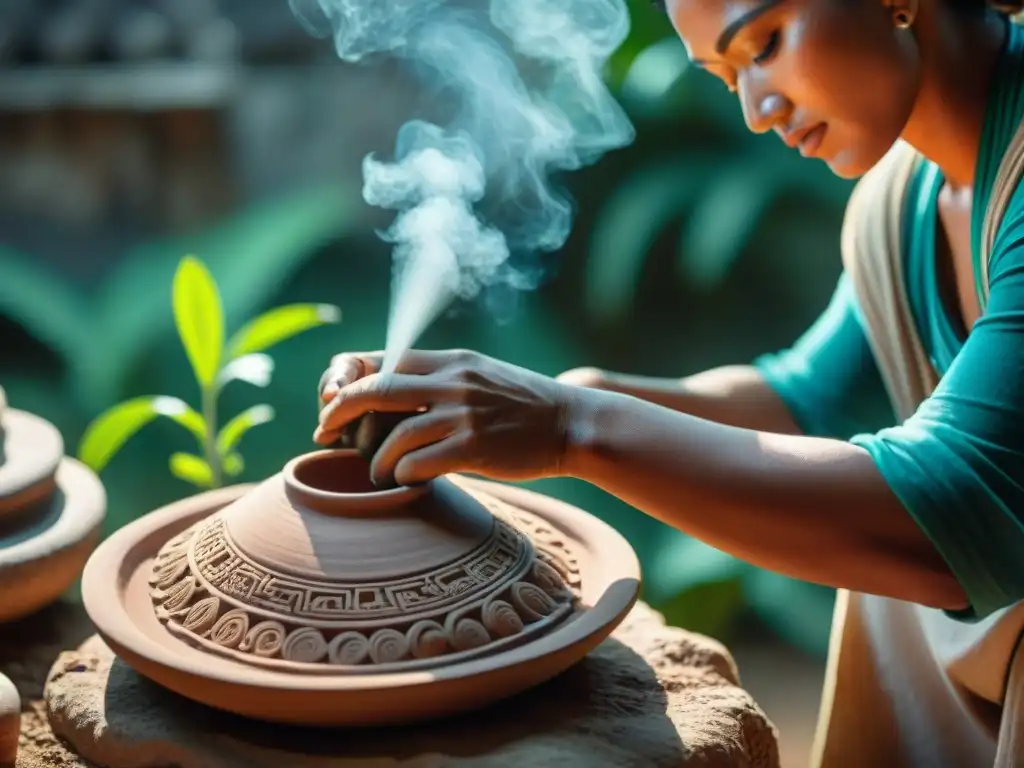 Artesano maya creando cerámica rodeado de naturaleza y ruinas antiguas, capturando la esencia del reciclaje en la civilización maya