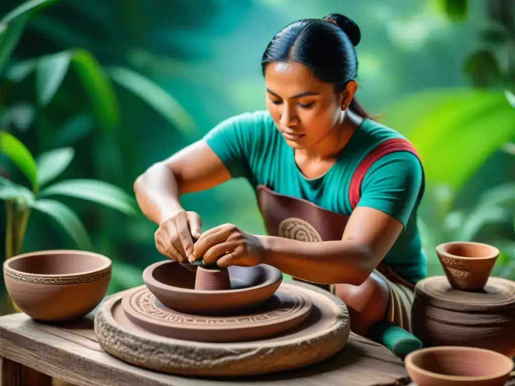 Artesano maya creando cerámica con técnicas ancestrales, rodeado de colores vibrantes y naturaleza exuberante