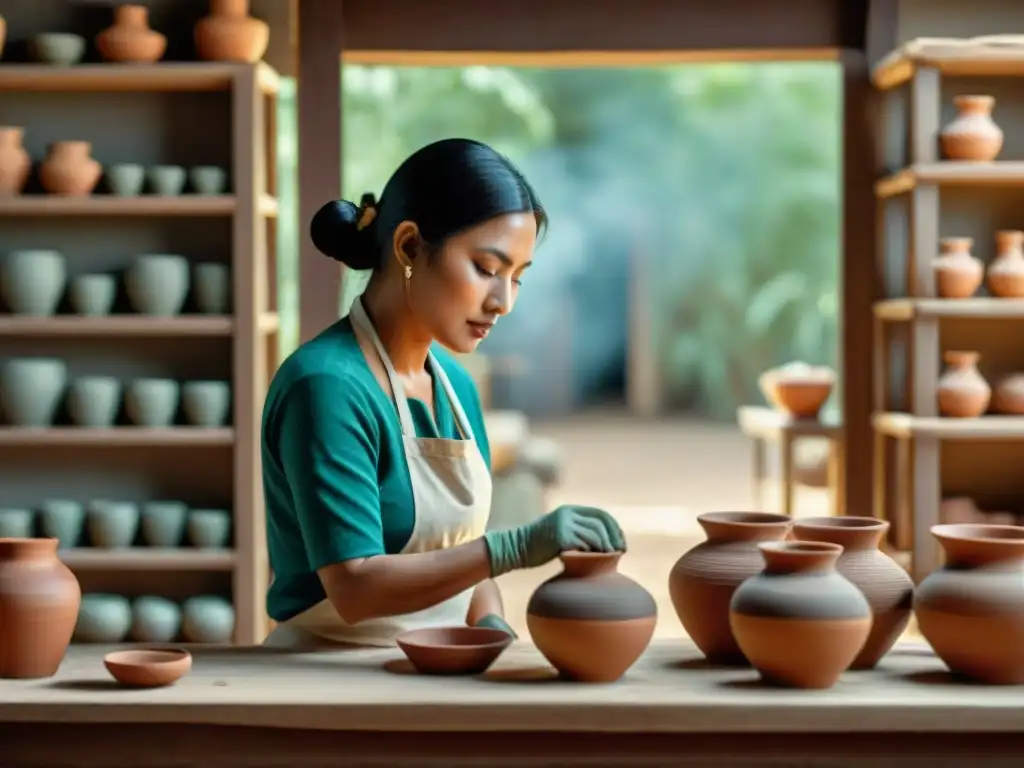 Artesano maya moldeando cerámica tradicional con destreza en taller rústico