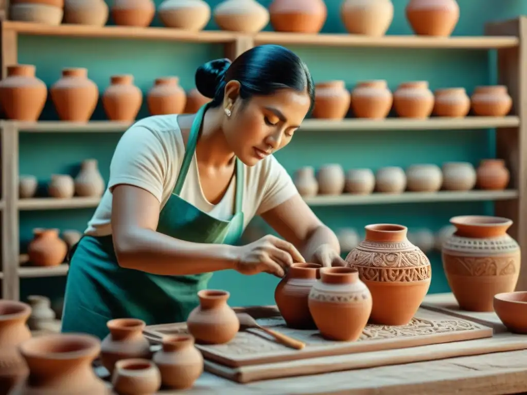 Artesano maya elaborando cerámica tradicional en un taller, resaltando la rica herencia cultural y destreza artesanal