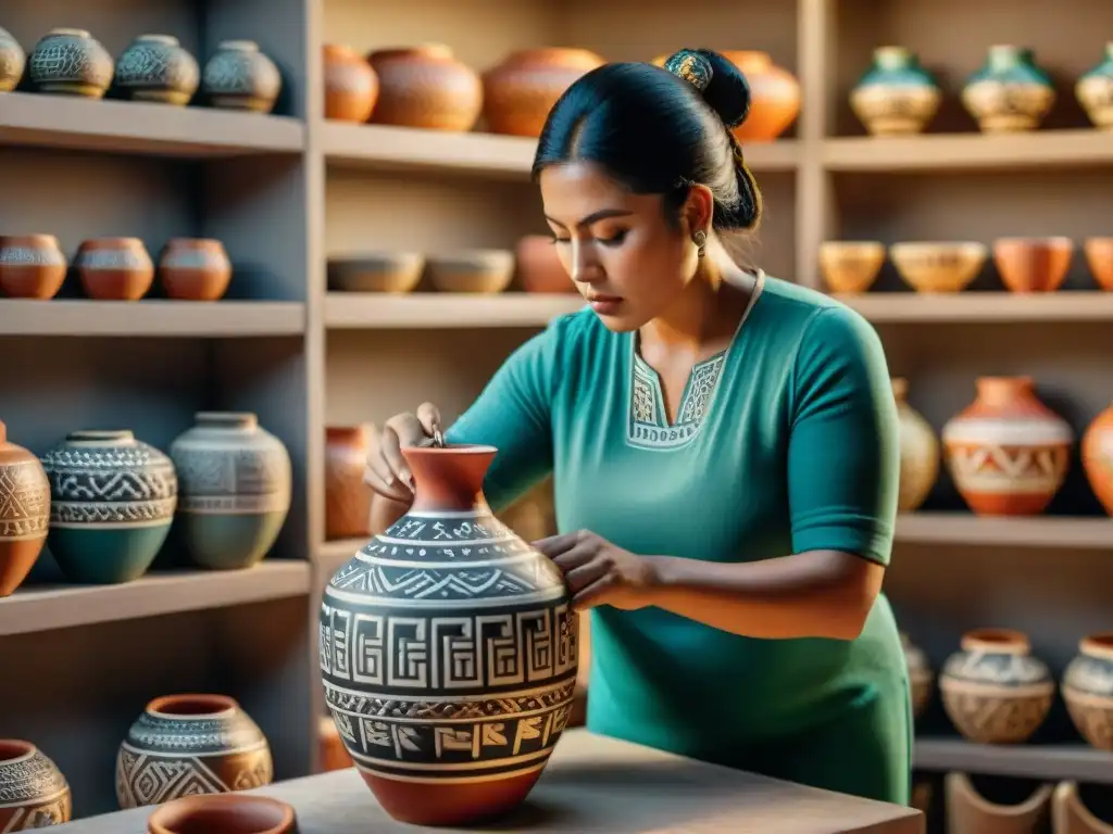 Artesano maya pintando cerámica con usos y simbolismo cerámica maya en taller