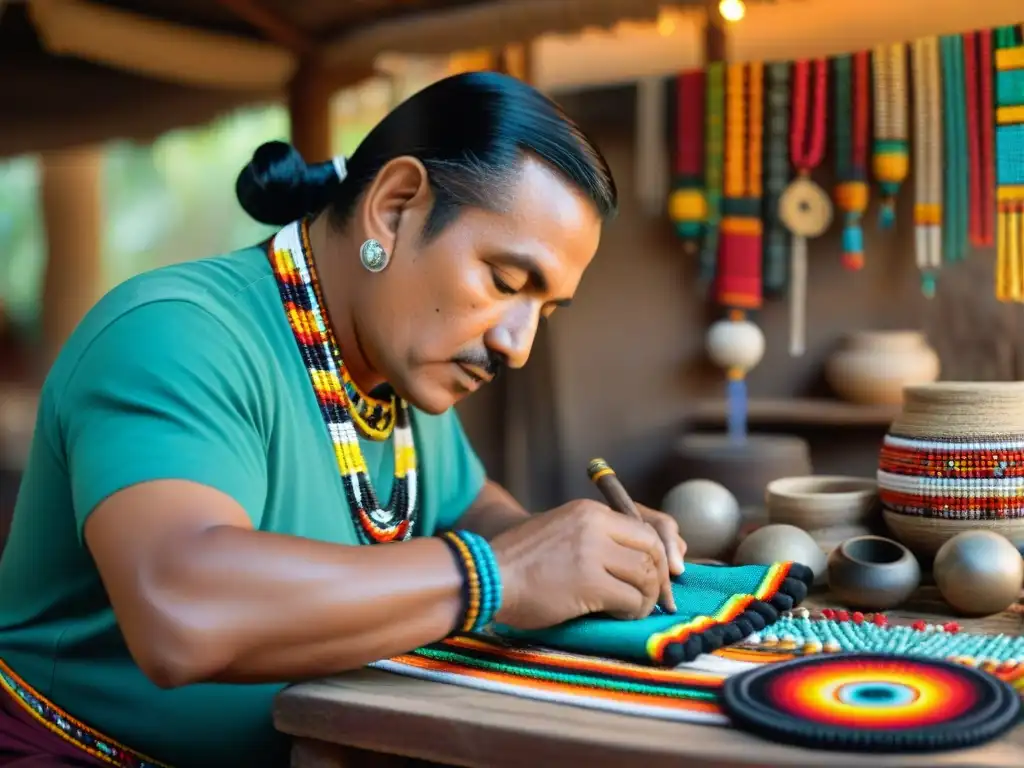 Artesano maya tejiendo cinturón de cuentas en su taller tradicional, reflejando la artesanía y cultura de los cinturones de cuentas en sociedad maya