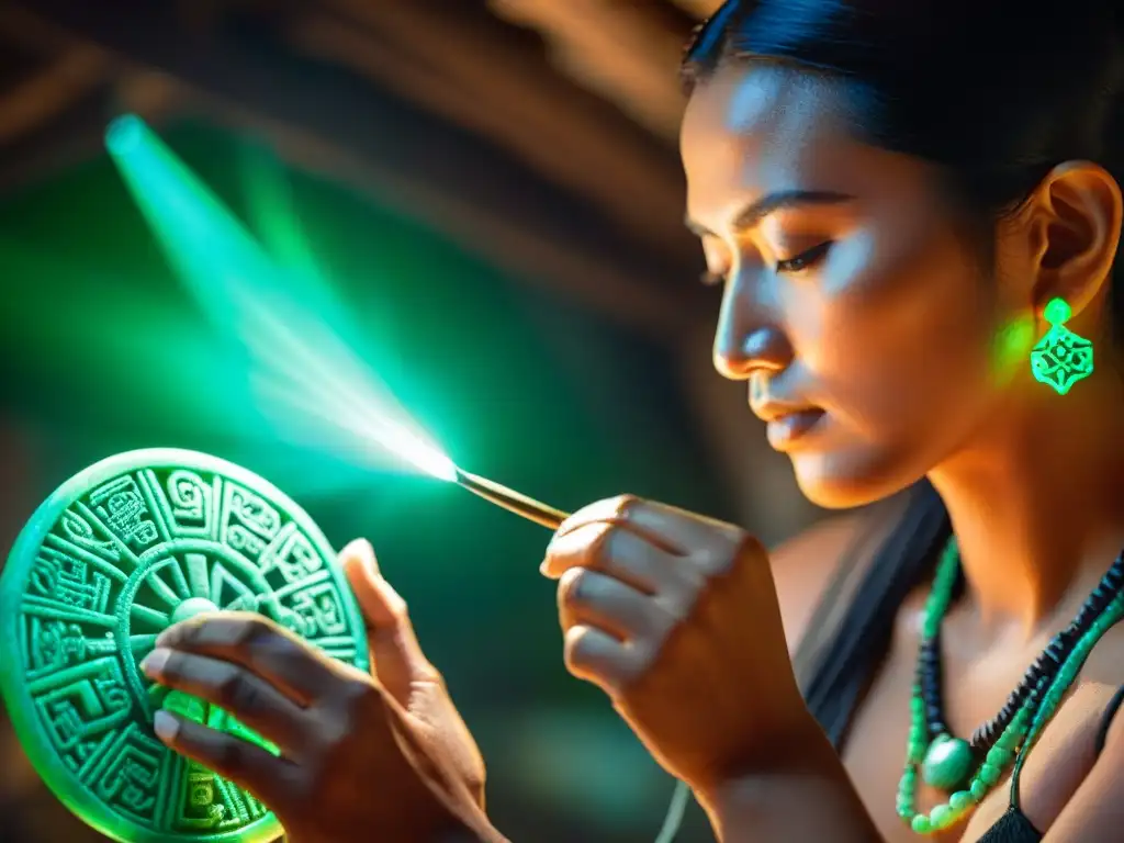 Un artesano maya esculpe un colgante de jade celestial, con influencia celestial en joyas mayas, bajo la luz natural