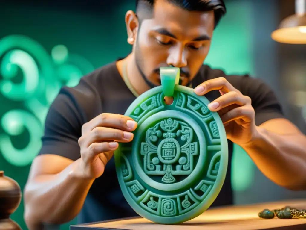 Un artesano maya esculpe con precisión un colgante de jade, fusionando elementos tradicionales con tecnología moderna para crear una joya única