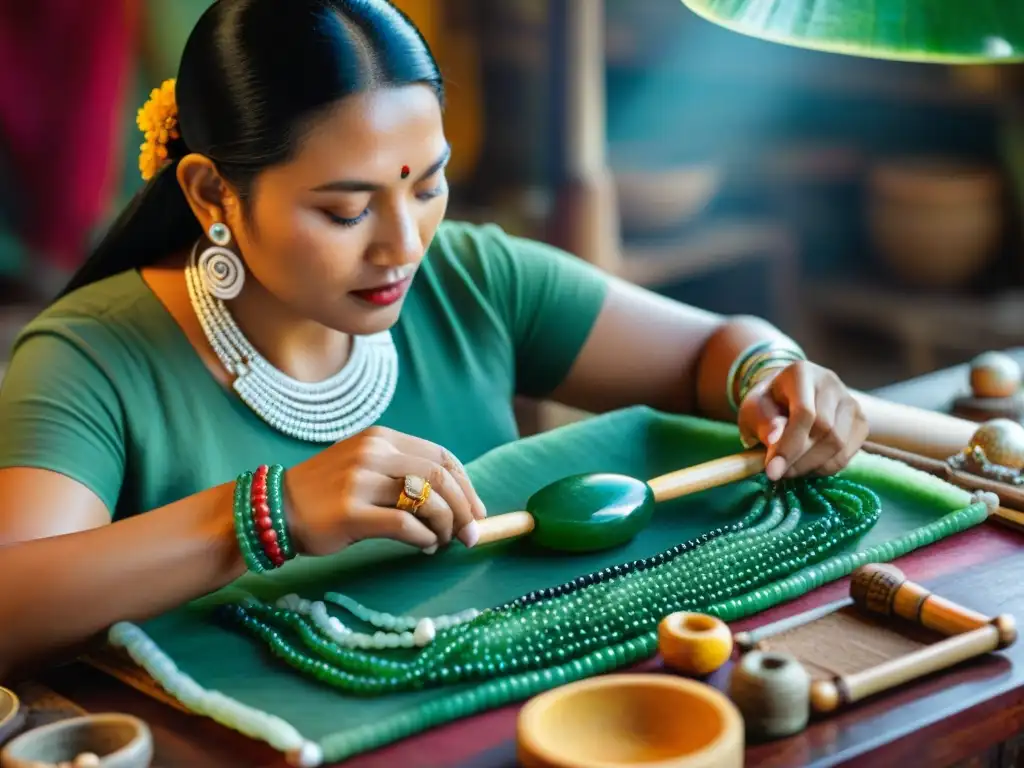 Un artesano maya crea delicadamente un collar de jade con influencia cultural, rodeado de herramientas y piedras preciosas