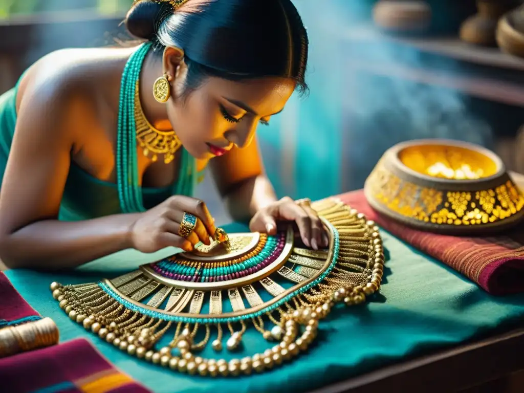 Un artesano maya crea un collar de oro con gemas, usando técnicas de orfebrería maya ancestral