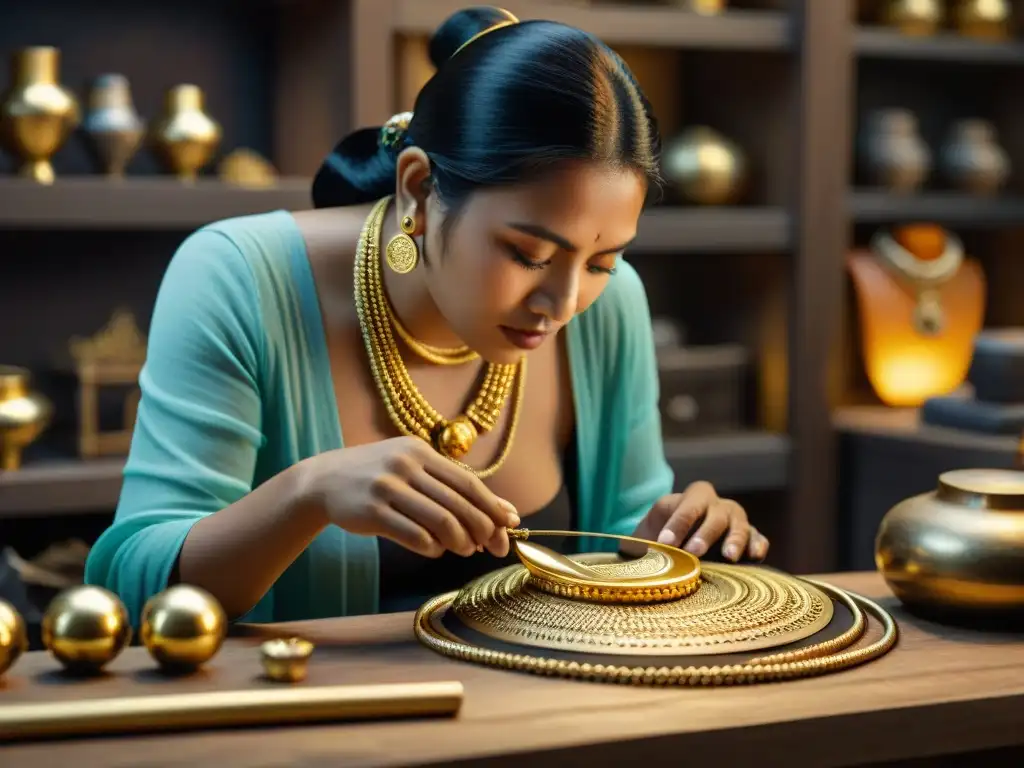 Un artesano maya crea un collar de oro intrincado en su taller, destacando la orfebrería maya