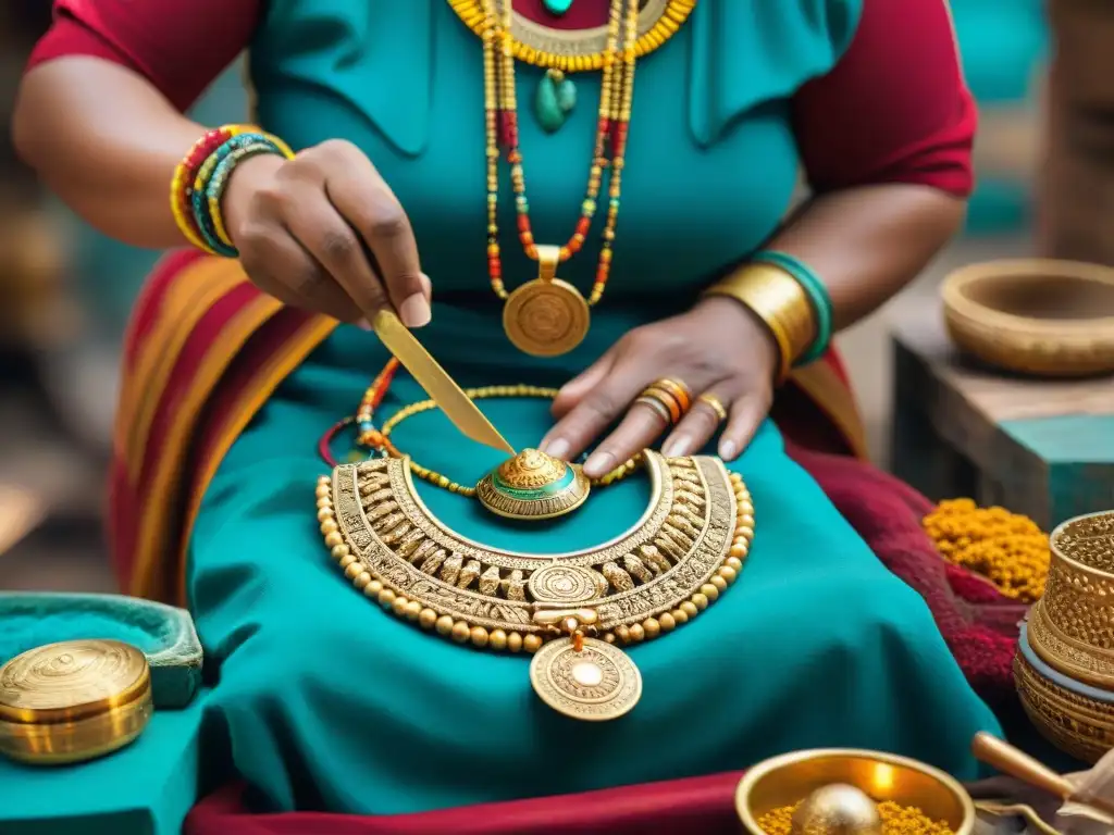 Un artesano maya elaborando un collar de oro con técnica orfebrería maya ancestral en un mercado vibrante