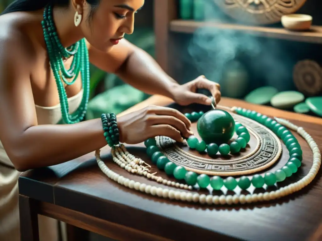 Un artesano maya recrea collar de jade rodeado de artefactos antiguos en taller iluminado