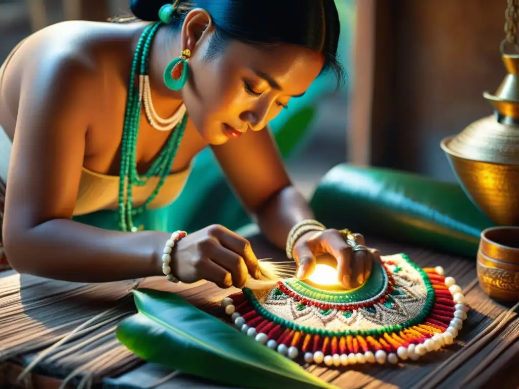 Artesano maya crea collar de jade rodeado de plumas y cuentas, capturando el significado adorno sagrado cultura maya