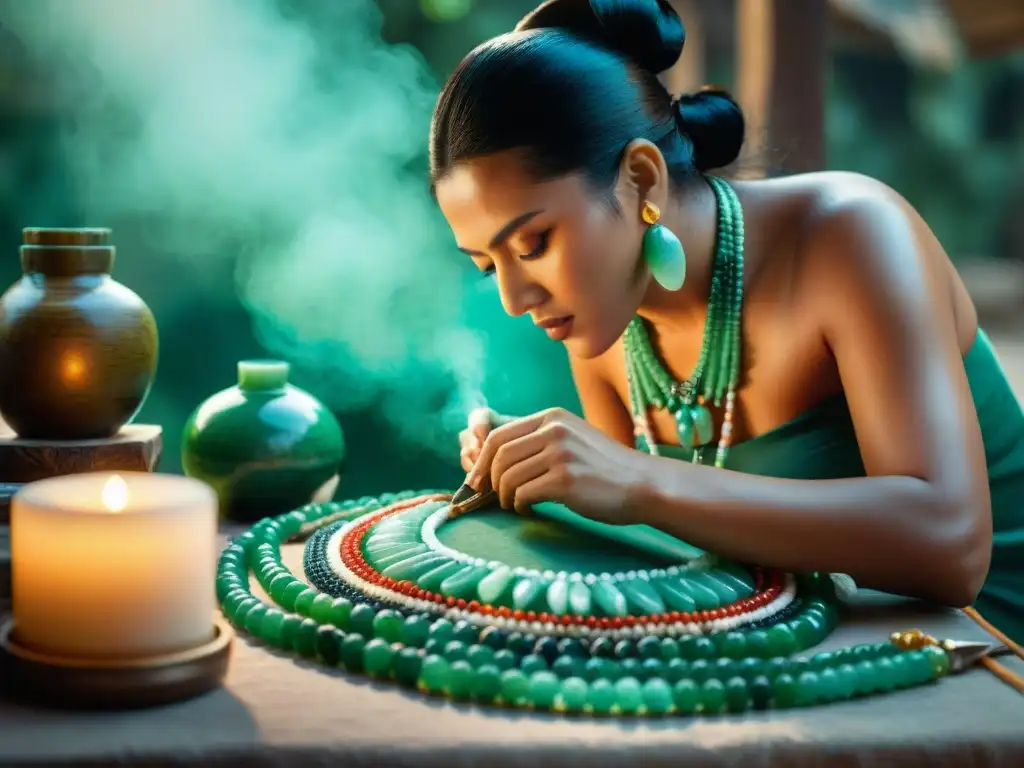 Un artesano maya hábil creando un collar de jade rodeado de herramientas tradicionales y piedras preciosas, mostrando técnicas ancestrales y la importancia cultural de la creación de joyas mayas para el turismo cultural