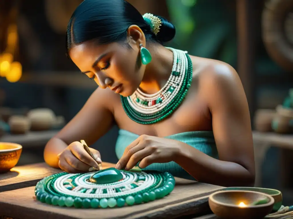 Un artesano maya creando un collar de jade con técnicas tradicionales, rodeado de gemas brillantes en un taller iluminado tenue