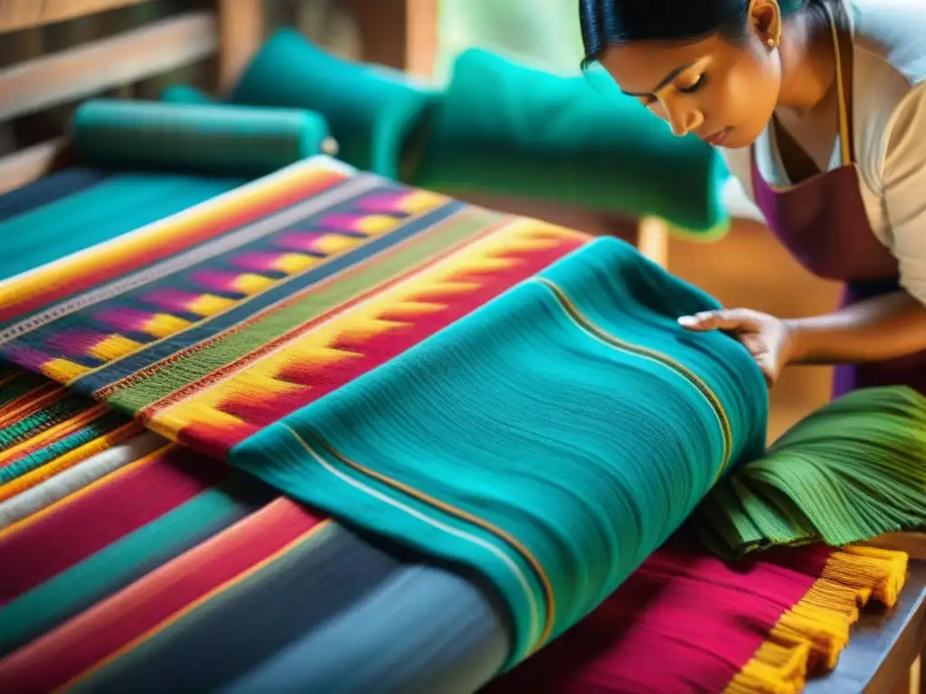 Un artesano maya restaurando con cuidado un textil ancestral para turismo, mostrando la conservación de textiles mayas