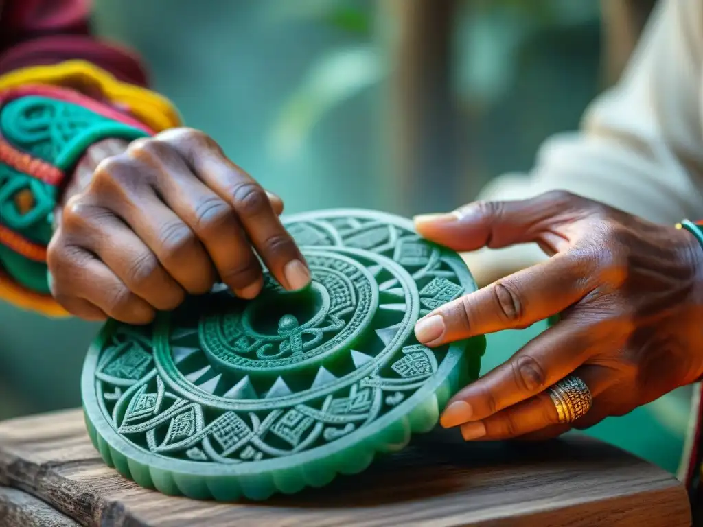 Artesano maya tallando jade, preservación herencia cultural maya