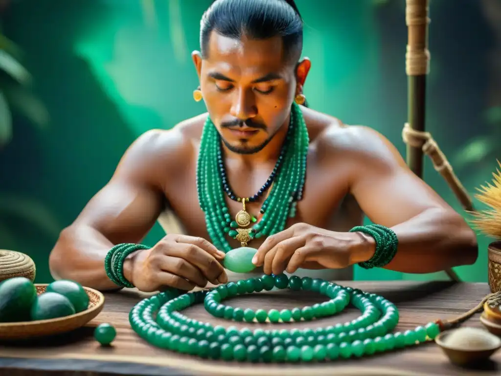 Un artesano maya teje con delicadeza un collar de jade, mostrando las técnicas tradicionales de joyas mayas