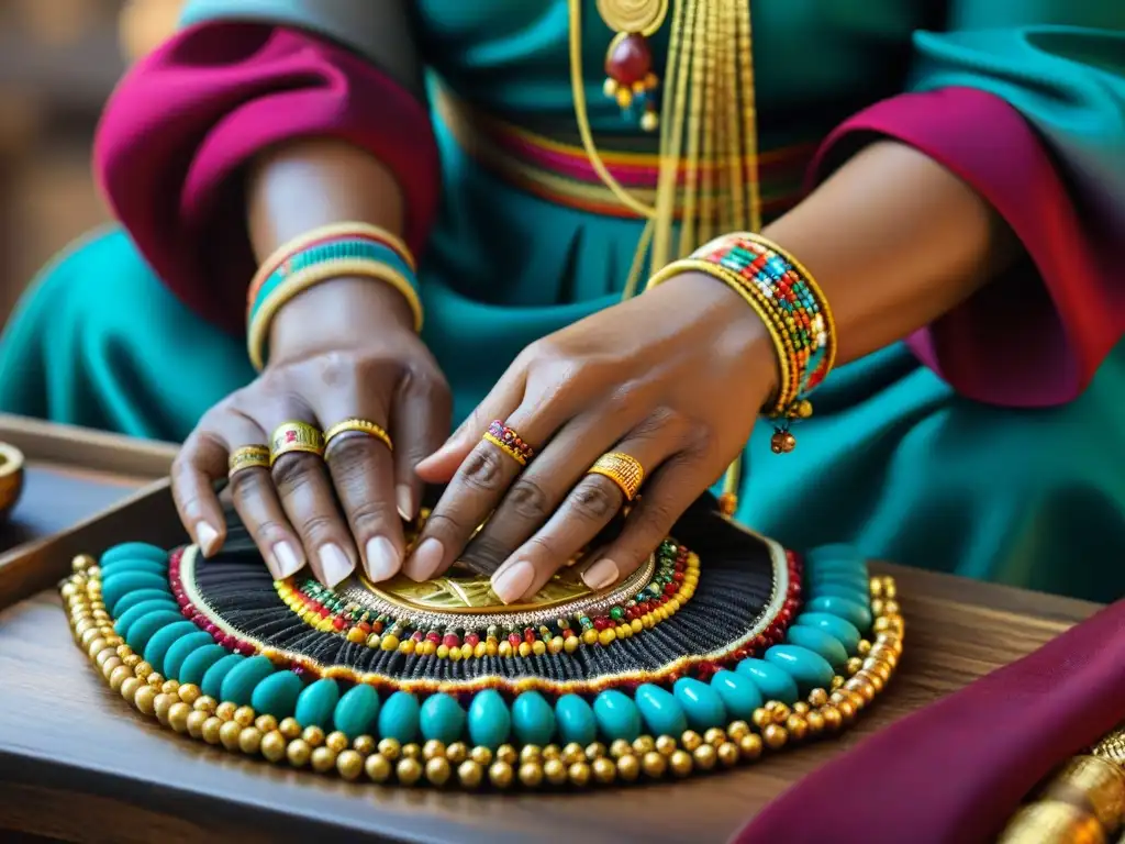 Un artesano maya hábil entreteje con delicadeza hilos de oro y gemas coloridas para crear joyas mayas técnicas tradicionales