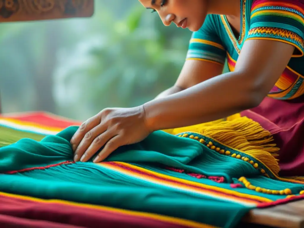 Un artesano maya restaura con delicadeza un textil vibrante usando técnicas tradicionales, resaltando la conservación textiles mayas para turismo