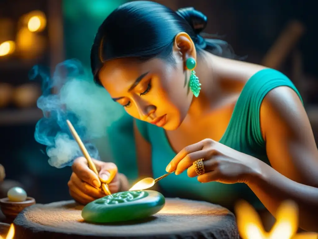 Un artesano maya elaborando delicados pendientes de jade, resaltando el significado cultural detrás de cada pieza