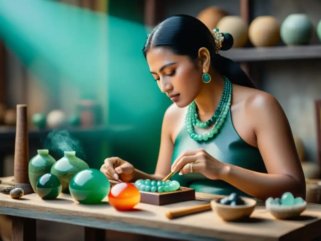 Un artesano maya crea con destreza un collar de jade rodeado de herramientas tradicionales y piedras preciosas, destacando la belleza y significado cultural de la orfebrería maya