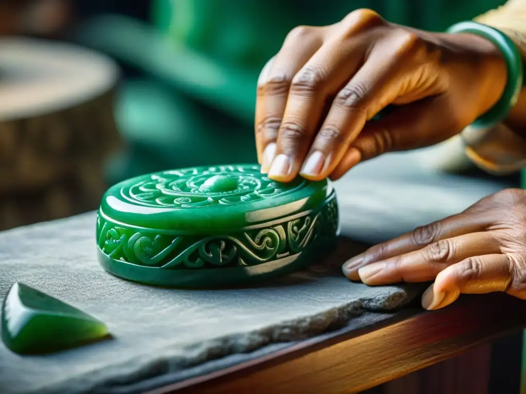 Un artesano maya esculpe con destreza joyería de jade, resaltando el comercio de jade en mayas