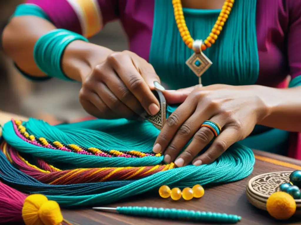 Un artesano maya teje con destreza hilos vibrantes y cuentas coloridas en una joya tradicional, en un taller iluminado tenue