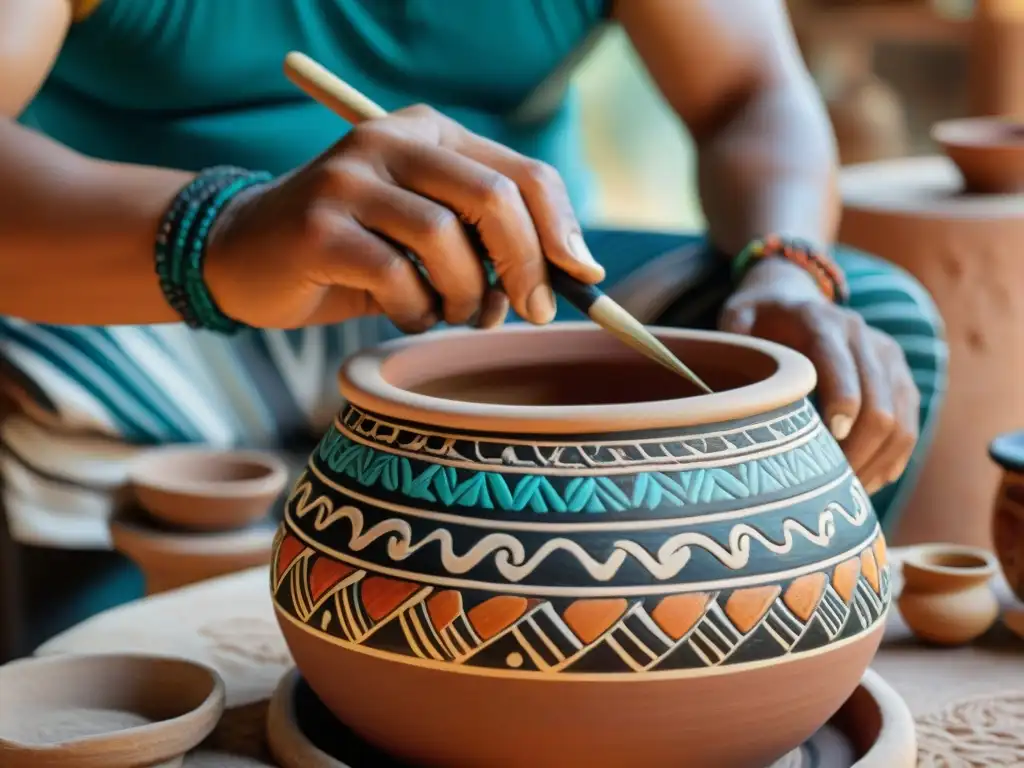 Un artesano maya pinta con destreza patrones tradicionales en una vasija de barro, mostrando el significado cerámica maya cultura