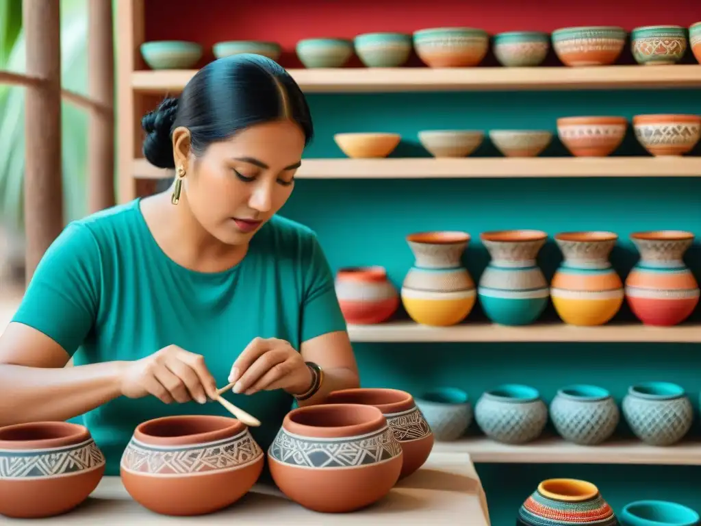 Un artesano maya tallando con destreza en una pieza de alfarería rodeado de textiles y cestas coloridas en un mercado artesanal