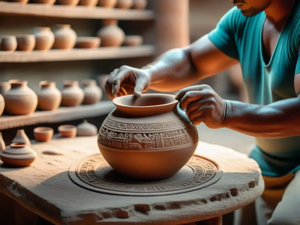 Artesano maya moldea con destreza técnicas cerámica maya antigua en vasija de barro, resaltando la artesanía ancestral