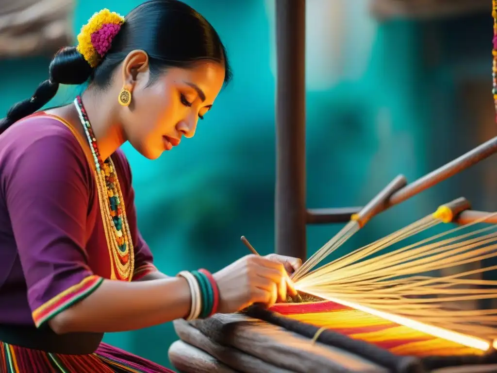 Un artesano maya crea con destreza un textil vibrante en un mercado, mostrando la vital conexión entre negocios, cultura y lengua maya