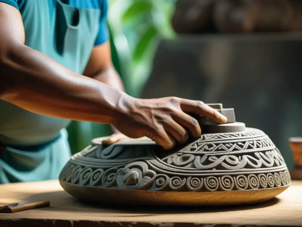 Un artesano maya esculpe una detallada escultura con técnicas olmecas en piedra, mostrando maestría y dedicación en su trabajo