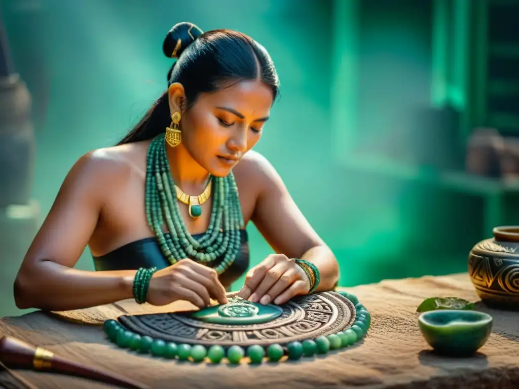 Un artesano maya crea detallado collar de jade, rodeado de herramientas antiguas y patrones tradicionales, reflejando la educación en mitos y leyendas mayas