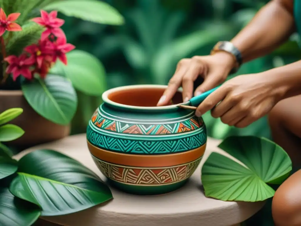 Un artesano maya pinta detallados patrones en una cerámica, rodeado de exuberante vegetación y flores vibrantes