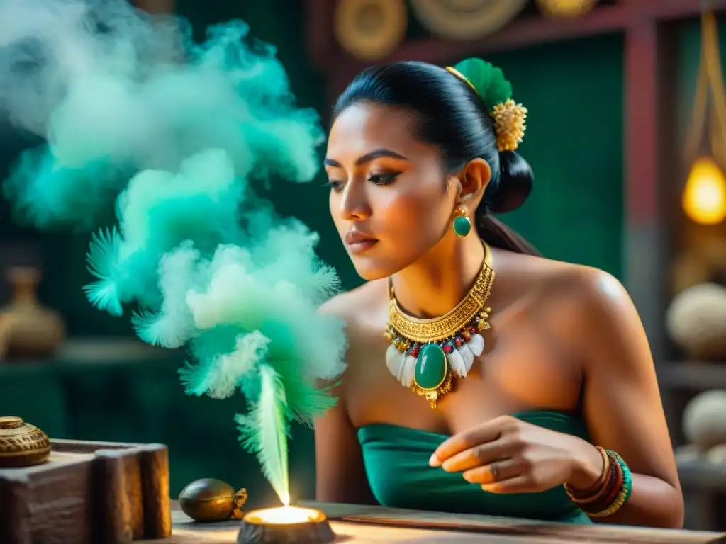 Un artesano maya tallando con detalle un colgante de jade rodeado de plumas vibrantes, filigrana de oro intrincada y piedras preciosas coloridas