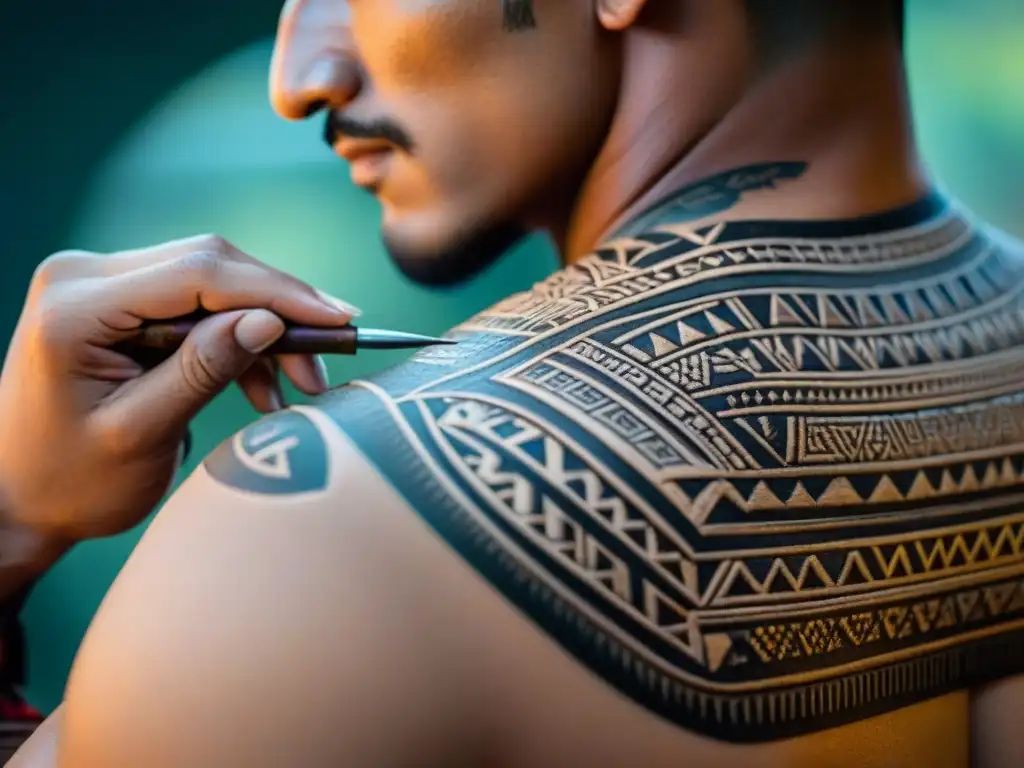 Un artesano maya tatuando con detalles precisos y tinta natural