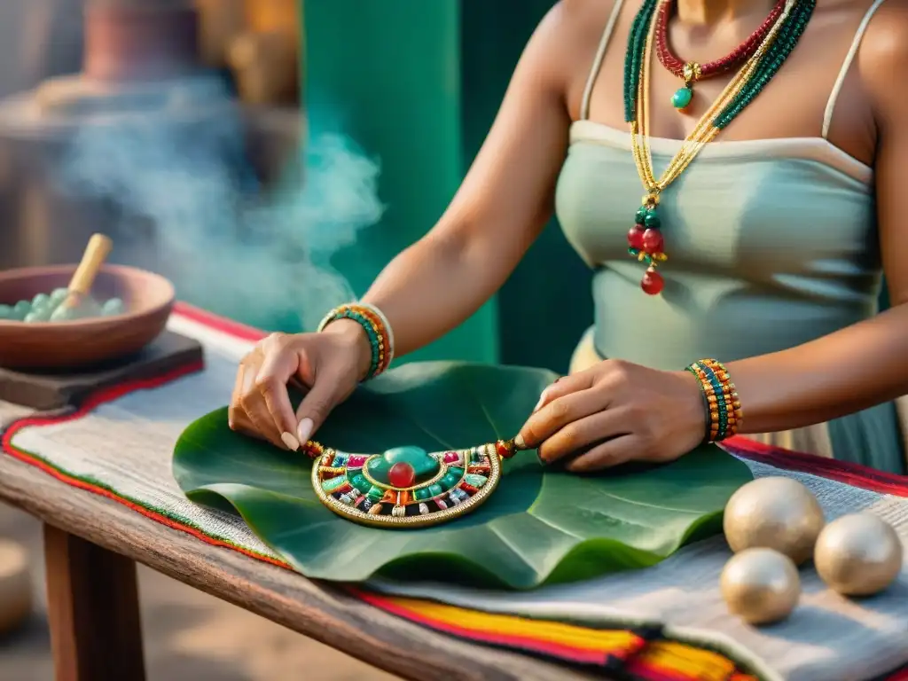 Un artesano maya crea con determinación una joya de jade, rodeado de gemas y filigranas de oro