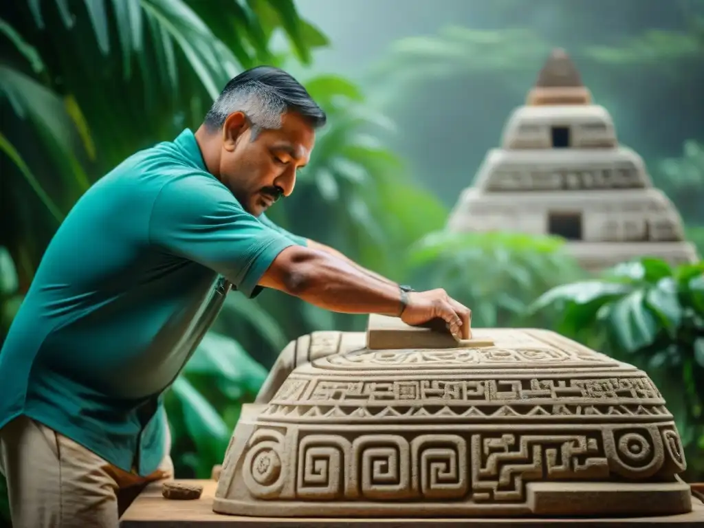 Hábil artesano maya tallando diseño detallado en bloque de piedra caliza, rodeado de jungla y pirámide antigua en construcción