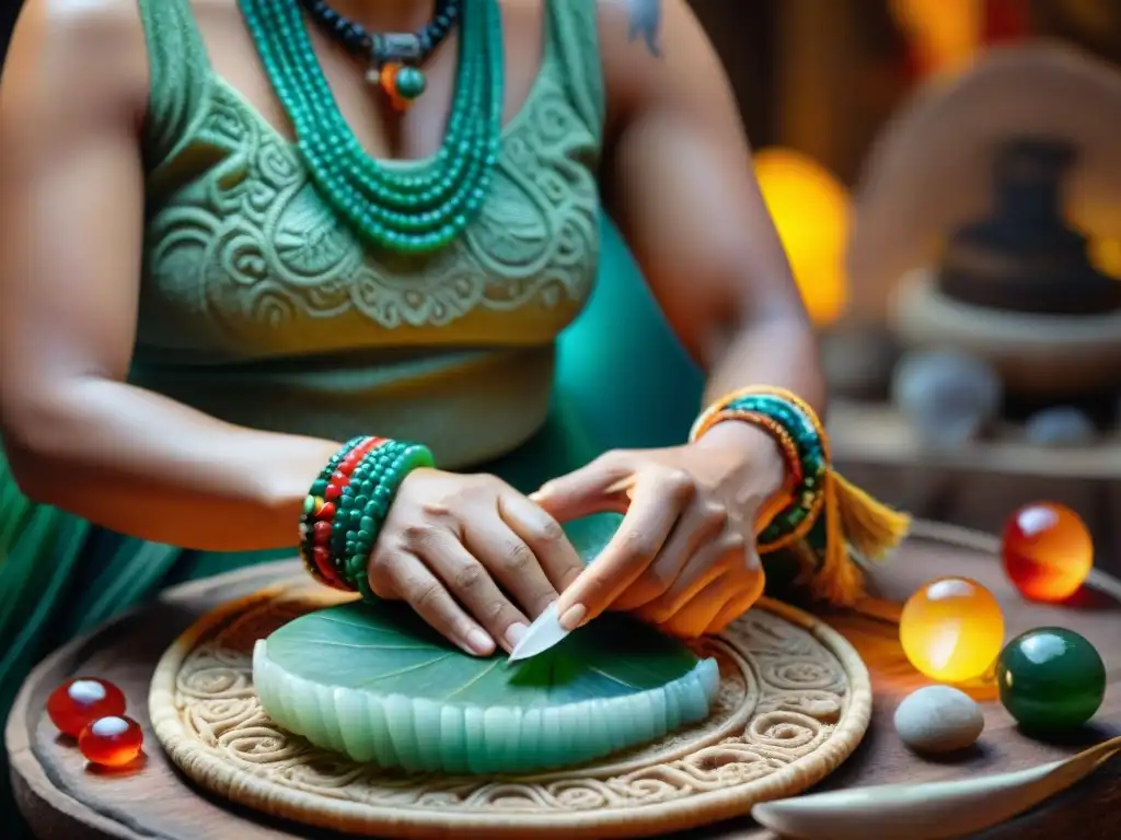 Artesano maya tallando diseños en jade con herramientas antiguas, rodeado de plumas y gemas