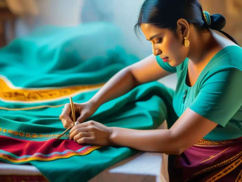 Un artesano maya pintando diseños tradicionales en un vibrante textil, capturando la esencia de 'Las lenguas mayas en arte'